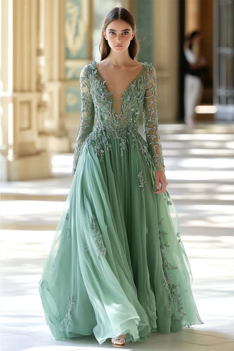 Sage V-neck Applique A-Line Prom Dress