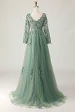 Sage A-Line Long Sleeves Prom Dress with Appliques