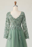Sage A-Line Long Sleeves Prom Dress with Appliques