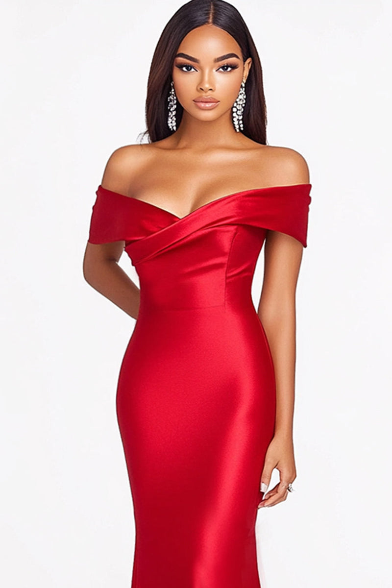 Load image into Gallery viewer, Red Mermaid Off The Shoulder Satin Formal Dress