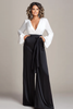 Load image into Gallery viewer, White and Black Deep V-neck Satin Long Sleeves Mother of the Bride Jumpsuits