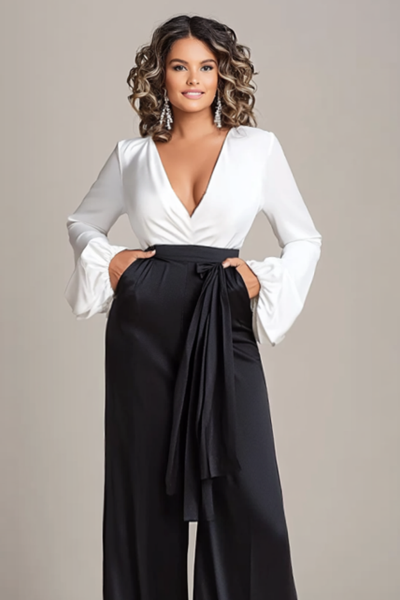 Load image into Gallery viewer, White and Black Deep V-neck Satin Long Sleeves Mother of the Bride Jumpsuits