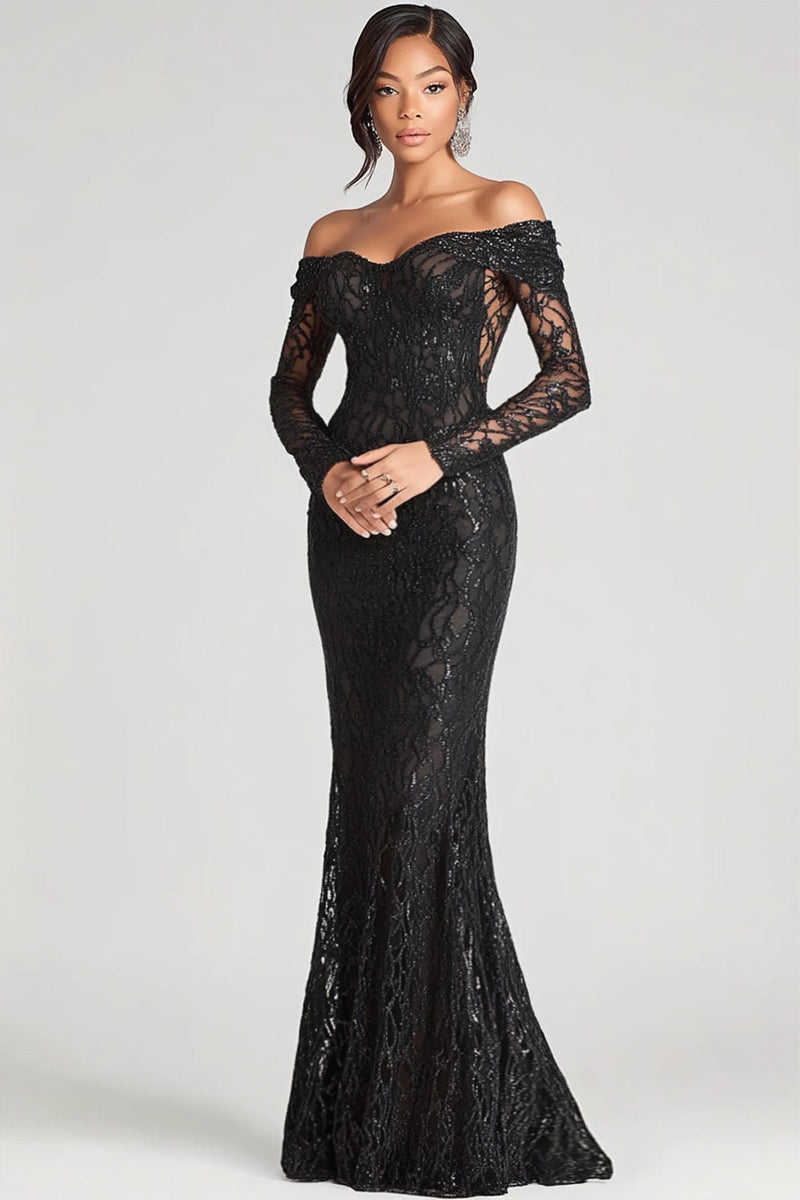 Load image into Gallery viewer, Black Sheath Off The Shoulder Mesh And Lace Formal Dress