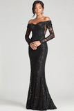 Black Sheath Off The Shoulder Mesh And Lace Formal Dress with Long Sleeve