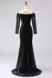 Black Sheath Off The Shoulder Mesh And Lace Formal Dress with Long Sleeve