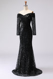 Black Sheath Off The Shoulder Mesh And Lace Formal Dress with Long Sleeve