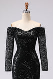 Black Sheath Off The Shoulder Mesh And Lace Formal Dress with Long Sleeve