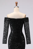 Black Sheath Off The Shoulder Mesh And Lace Formal Dress with Long Sleeve