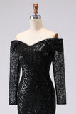 Black Sheath Off The Shoulder Mesh And Lace Formal Dress with Long Sleeve