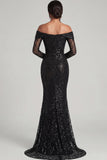 Black Sheath Off The Shoulder Mesh And Lace Formal Dress with Long Sleeve
