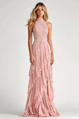 Blush Sheath Halter Ruffles Long Formal Dress