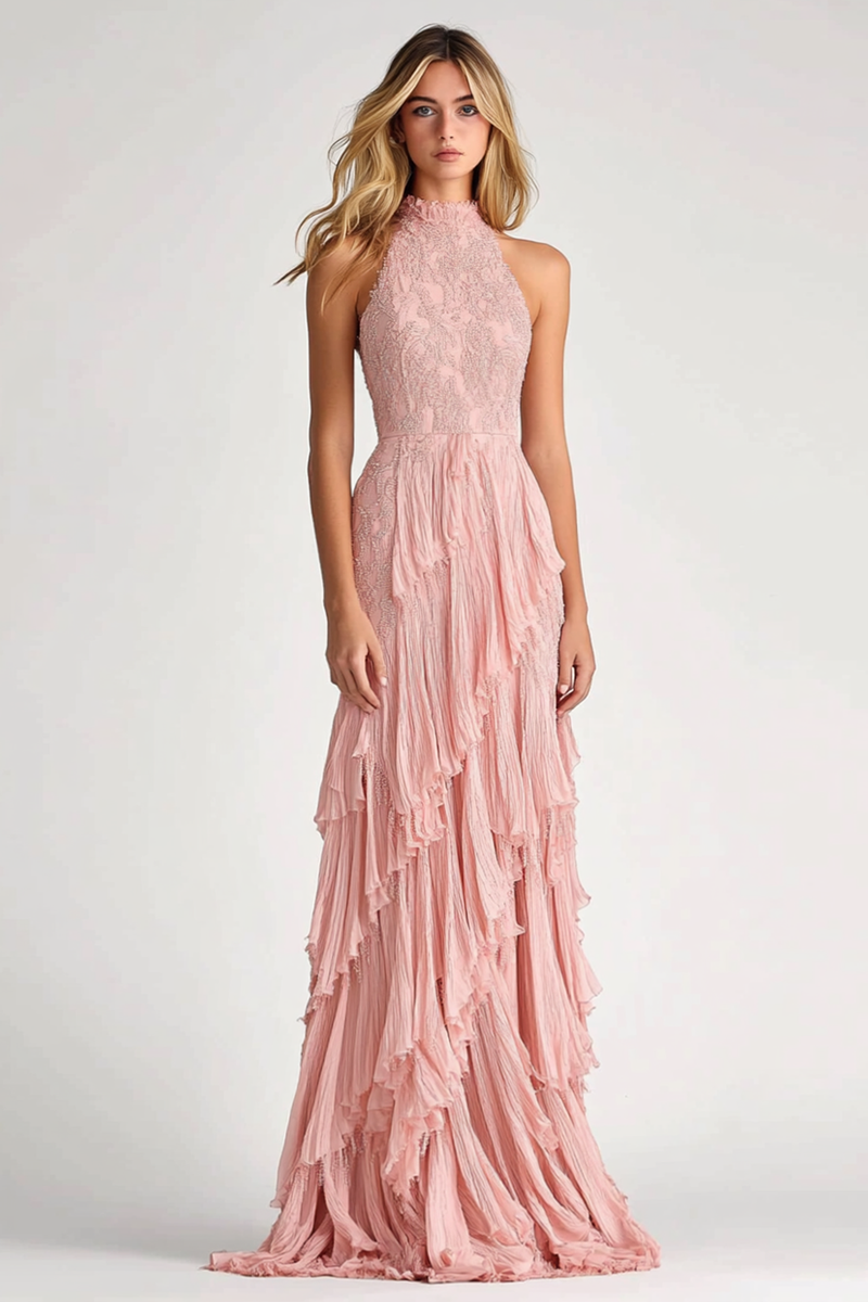 Load image into Gallery viewer, Blush Sheath Halter Ruffles Long Formal Dress