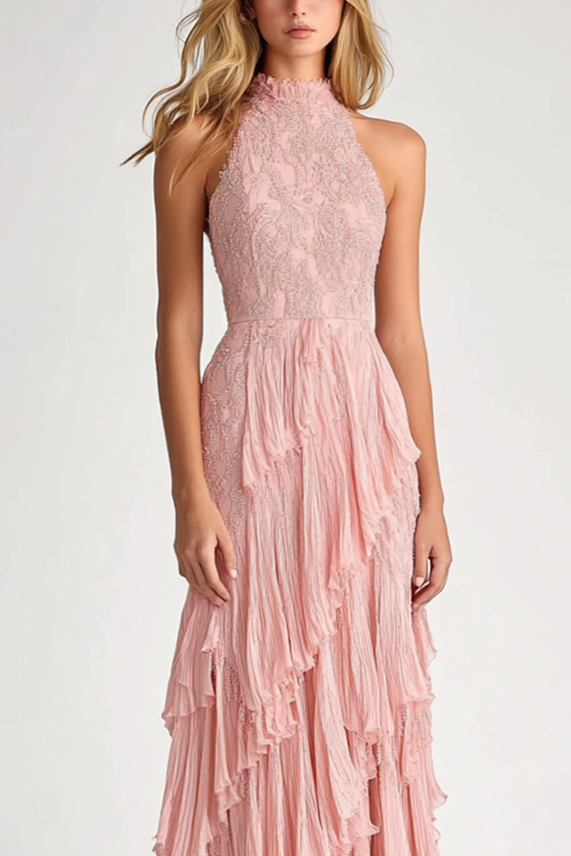 Load image into Gallery viewer, Blush Sheath Halter Ruffles Long Formal Dress