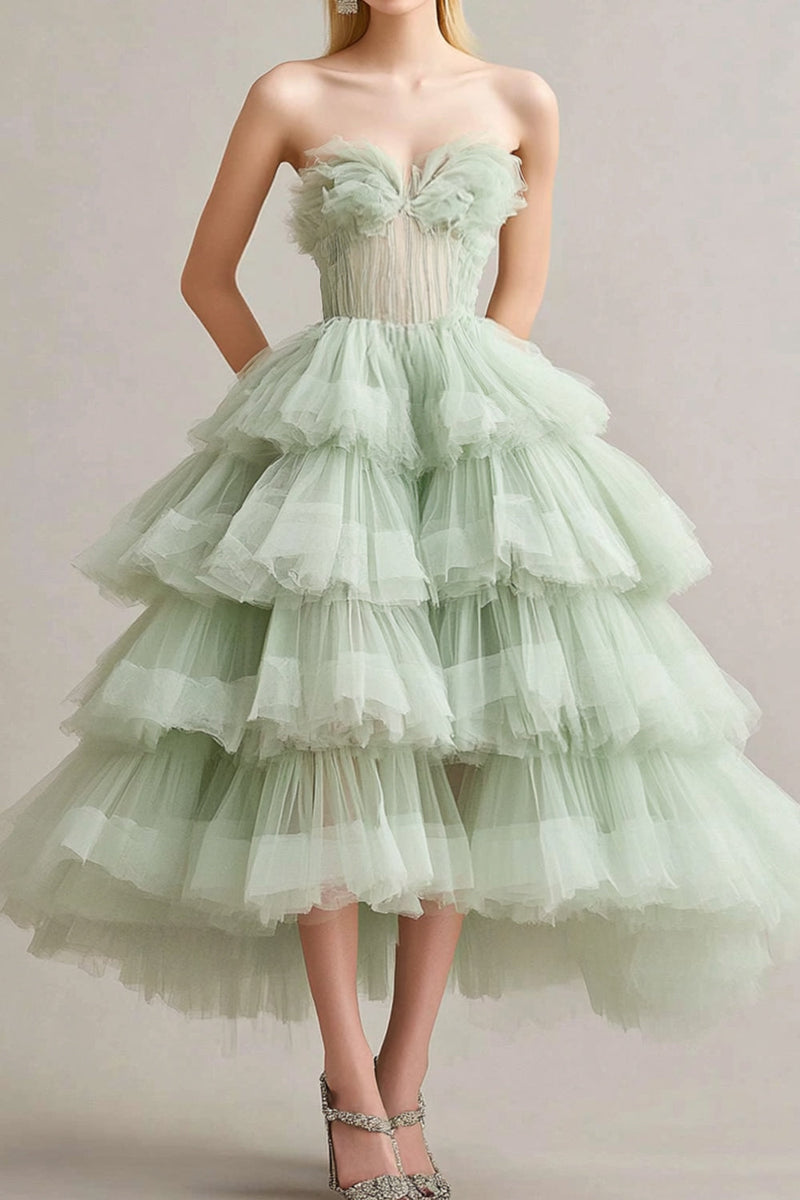 Load image into Gallery viewer, A Line Sage Strapless Tiered Ruffles Tulle Formal Dress