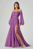 Load image into Gallery viewer, Purple A Line Long Sleeves Long Chiffon Formal Dress with Slit