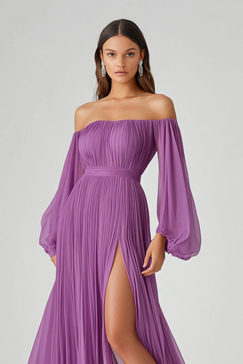 Purple A Line Long Sleeves Long Chiffon Formal Dress with Slit