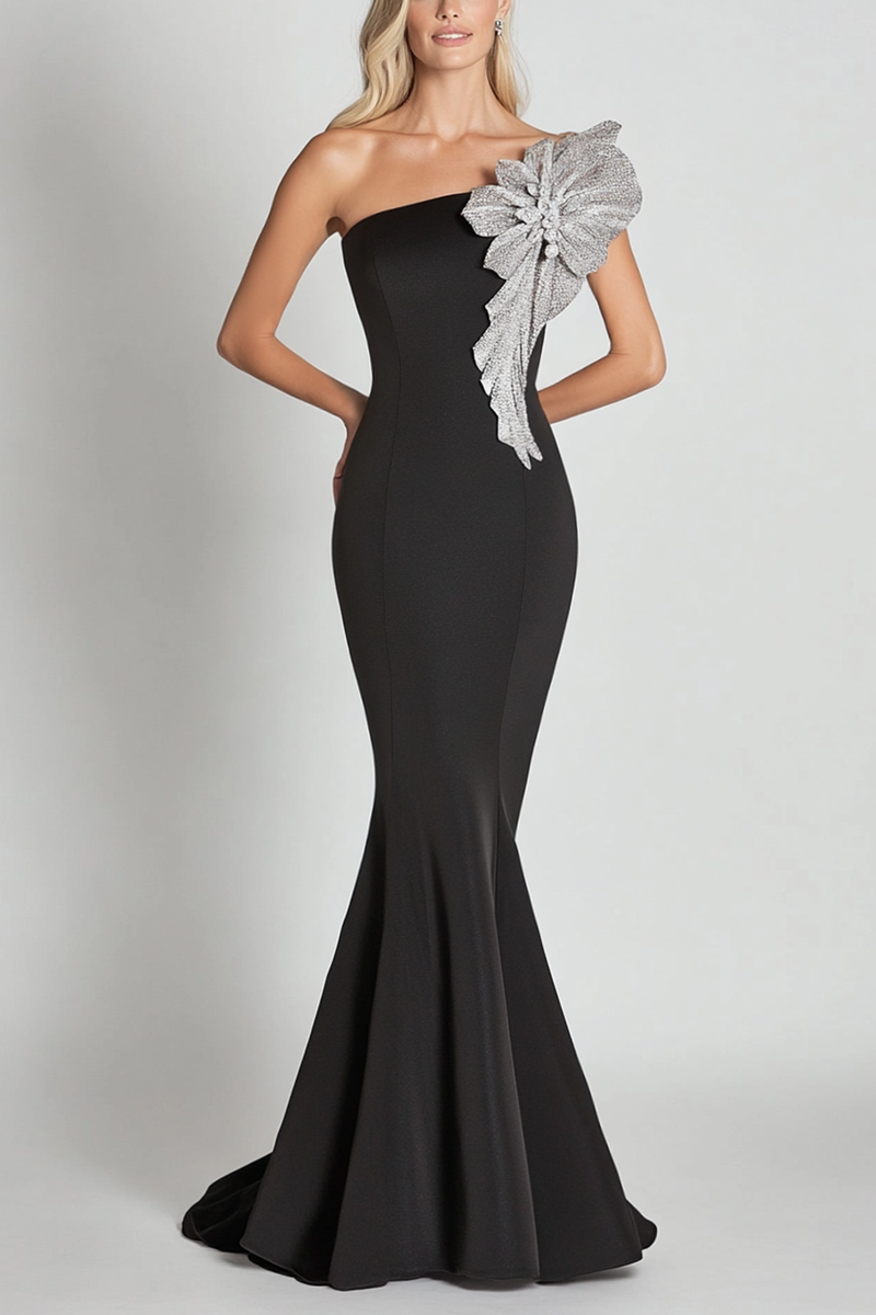 Load image into Gallery viewer, Black Mermaid One Shoulder with Sequin Flower Long Formal Dress