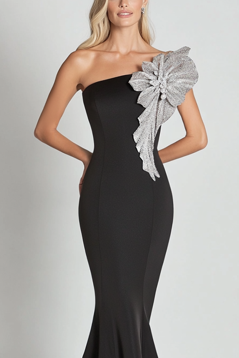 Load image into Gallery viewer, Black Mermaid One Shoulder with Sequin Flower Long Formal Dress