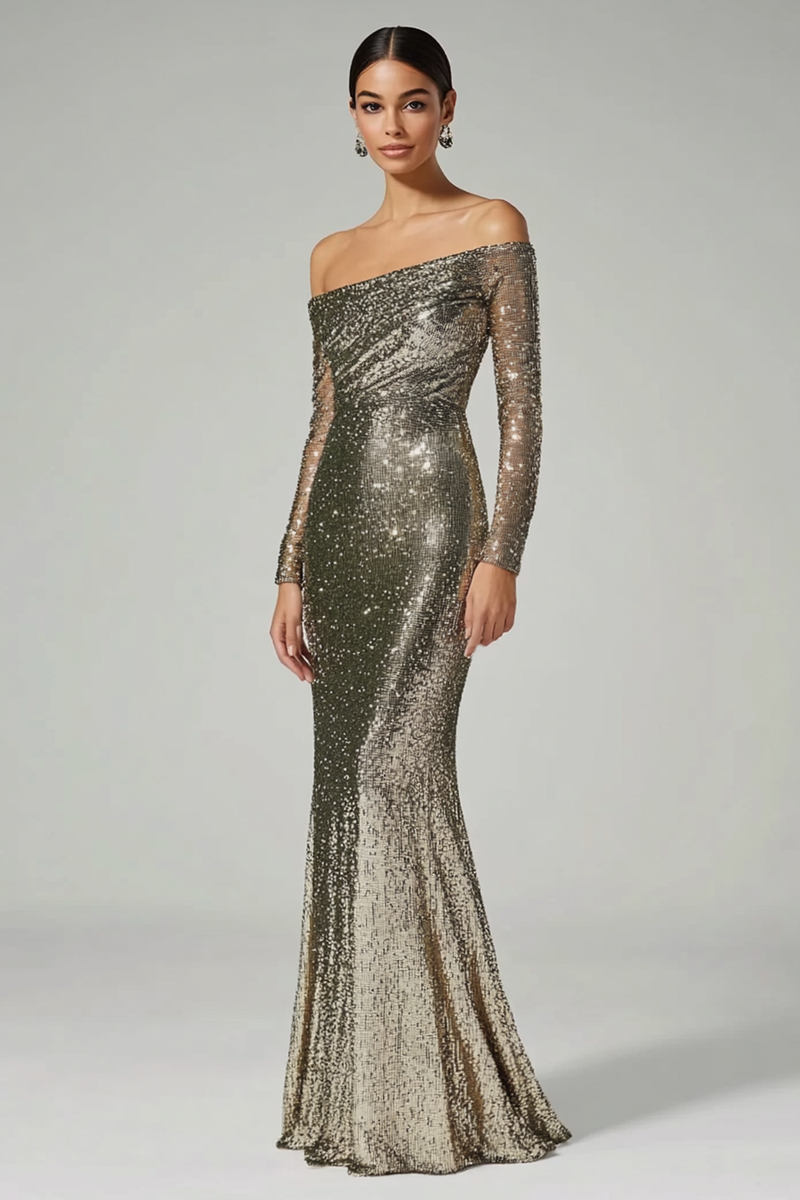 Load image into Gallery viewer, Golden Column One Shoulder Sequin Long Formal Dress