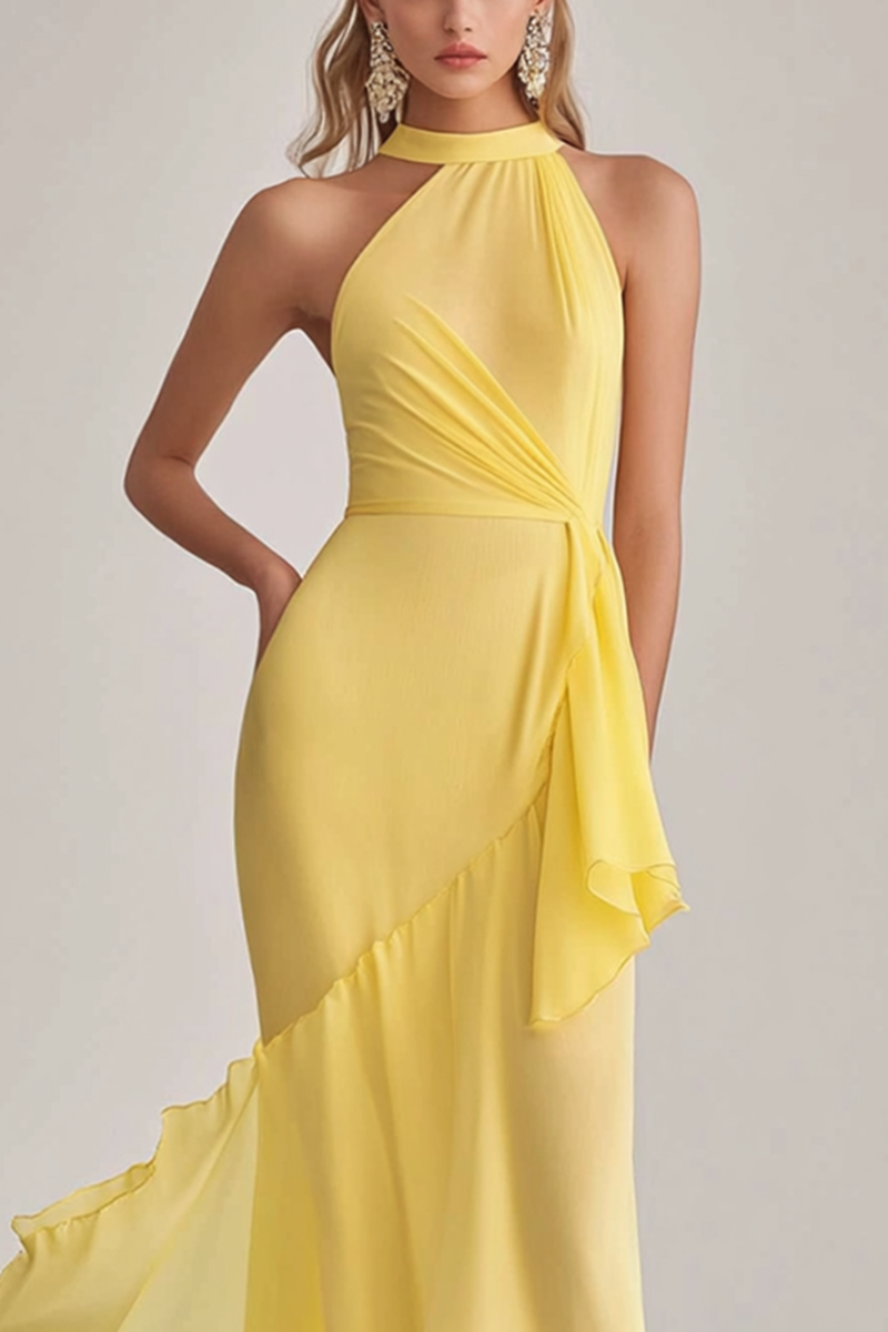 Load image into Gallery viewer, Light Yellow Halter Neck Mermaid Chiffon Long Wedding Guest Dress