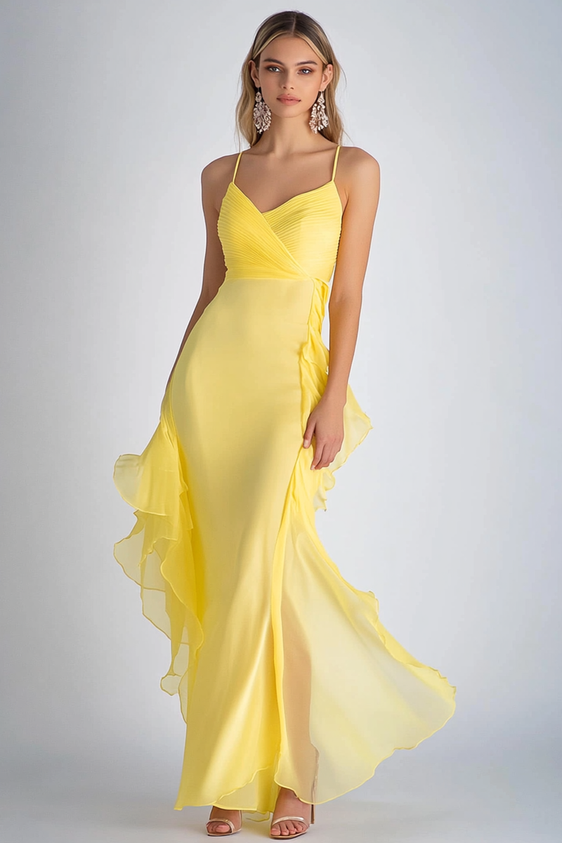 Load image into Gallery viewer, Light Yellow Spaghetti Straps Mermaid Chiffon Long Wedding Guest Dress