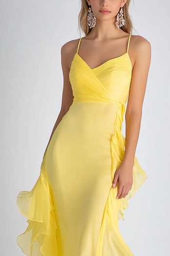 Light Yellow Spaghetti Straps Mermaid Chiffon Long Wedding Guest Dress