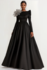 Load image into Gallery viewer, Black Satin Boat Neck Long Sleeves A-Line Long Wedding Guest Dress