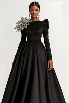 Black Satin Boat Neck Long Sleeves A-Line Long Wedding Guest Dress