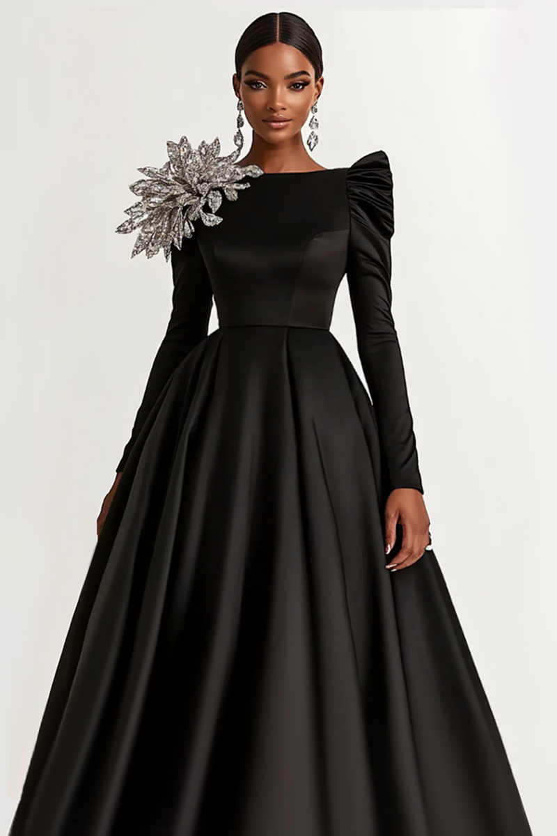 Load image into Gallery viewer, Black Satin Boat Neck Long Sleeves A-Line Long Wedding Guest Dress