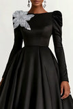 Black Satin Boat Neck Long Sleeves A-Line Long Wedding Guest Dress
