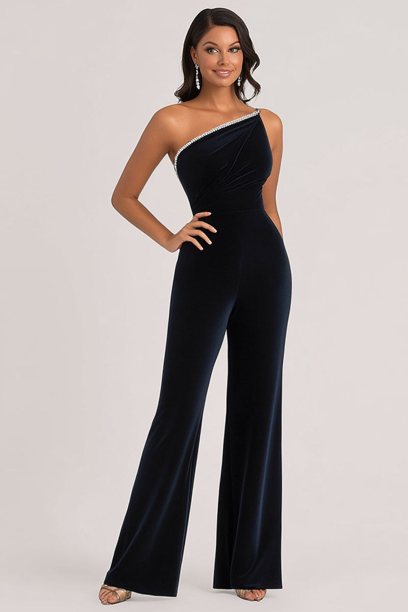 Load image into Gallery viewer, Velvet Navy Women&#39;s Jumpsuits with Rhinestone