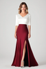 Load image into Gallery viewer, White Burgundy V-Neck Satin Mother of Bride Dress with Slit