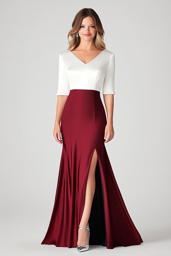 White Burgundy V-Neck Satin Mother of Bride Dress with Slit