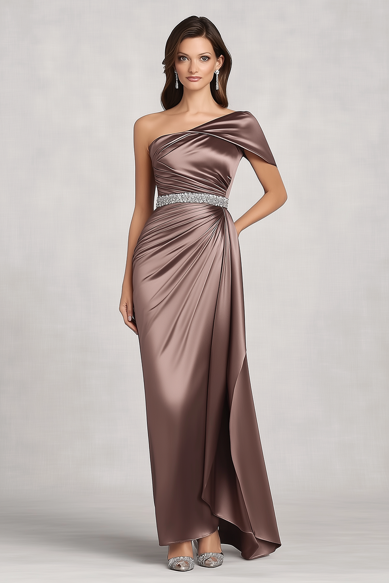 Load image into Gallery viewer, Taupe Satin One Shoulder Mother of Bride Dress