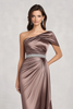 Load image into Gallery viewer, Taupe Satin One Shoulder Mother of Bride Dress