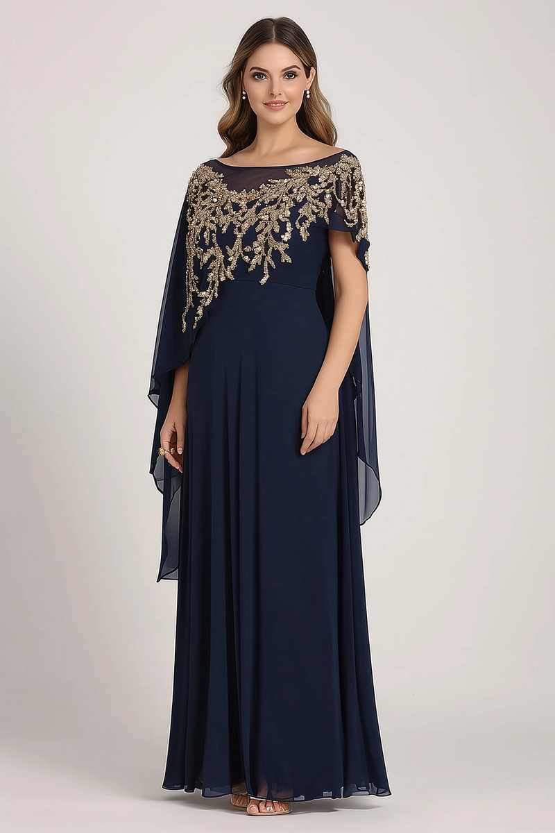 Load image into Gallery viewer, Sparkly Navy Chiffon Mother of Bride Dress with Cape