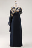 Navy Sheath Appliqued Mother Of The Bride Dress With Shawl