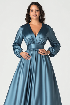 Grey Blue Satin V-Neck Mother of Bride Dress with Long Sleeves