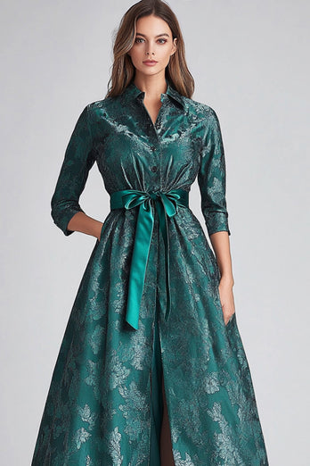 Dark Green Floral A Line Mother of Bride Dress with Pockets