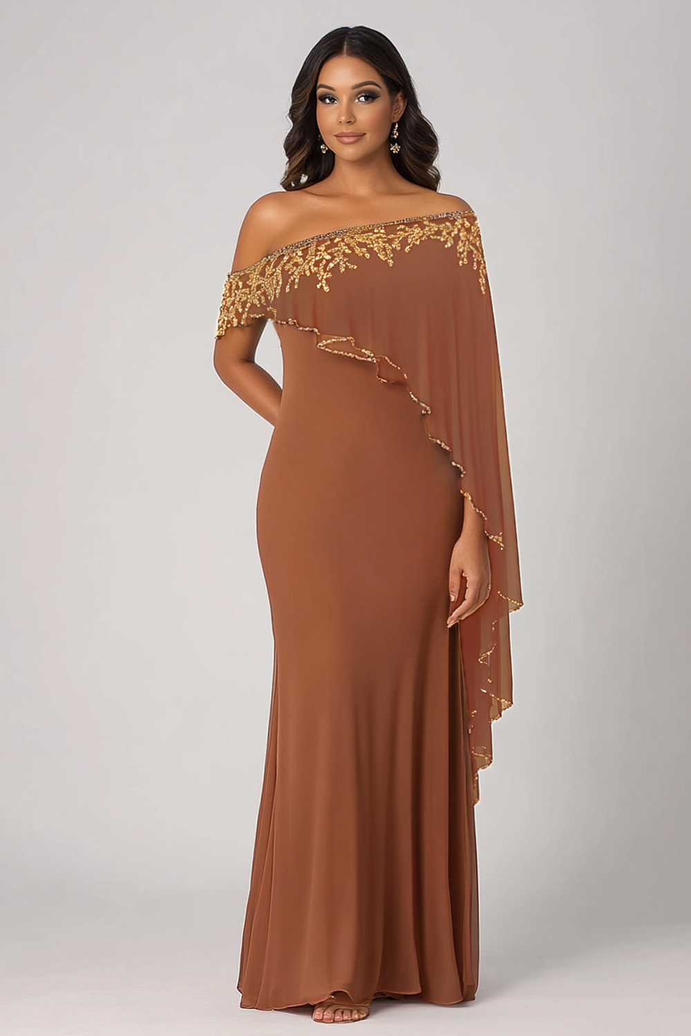 Sparkly Rust Off The Shoulder Chiffon Long Mother of Bride Dress