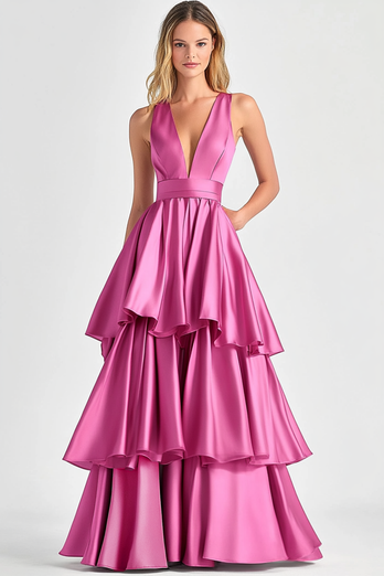 Fuchsia A-Line V Neck Ruffles Long Prom Dress