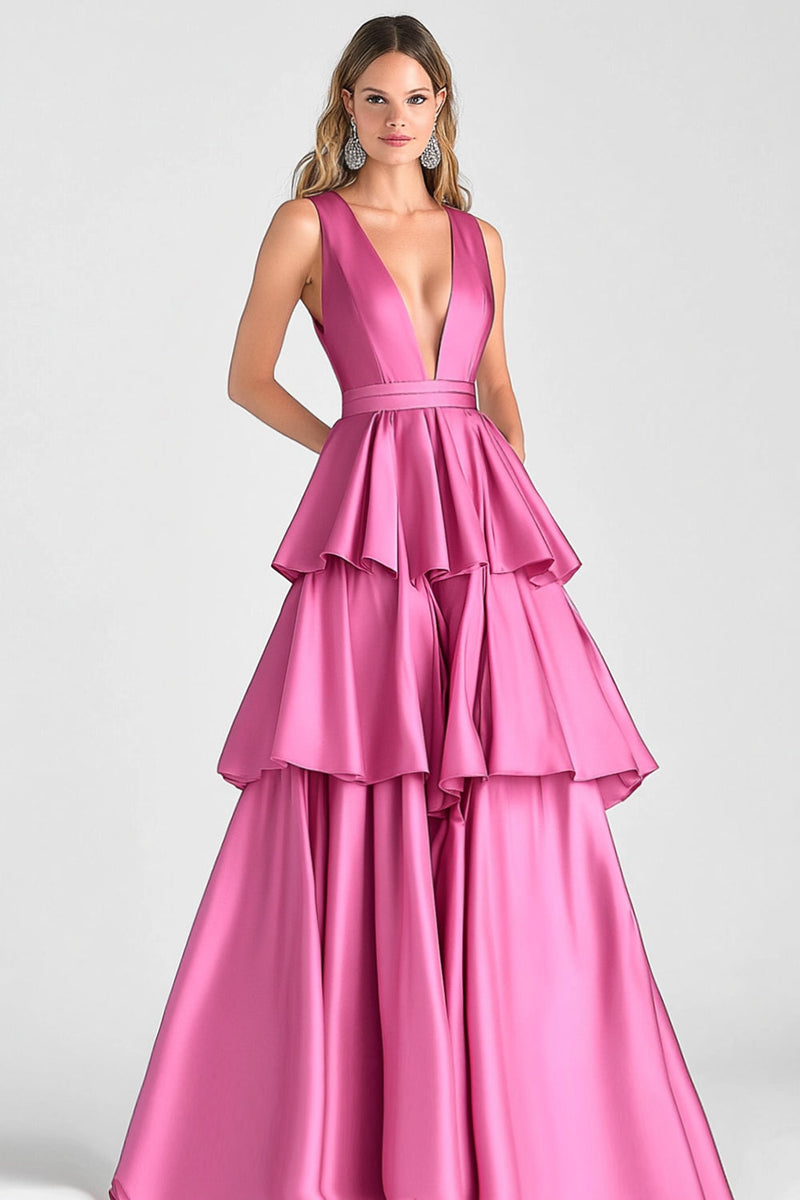 Load image into Gallery viewer, Fuchsia A-Line V Neck Ruffles Long Prom Dress