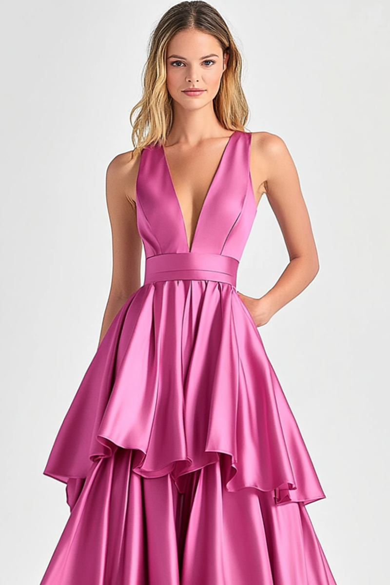 Load image into Gallery viewer, Fuchsia A-Line V Neck Ruffles Long Prom Dress