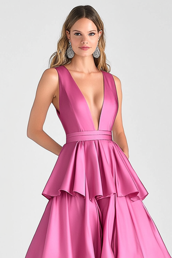 Fuchsia A-Line V Neck Ruffles Long Prom Dress