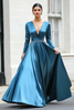 Load image into Gallery viewer, Dark Blue A-Line V Neck Long Sleeves Long Prom Dress