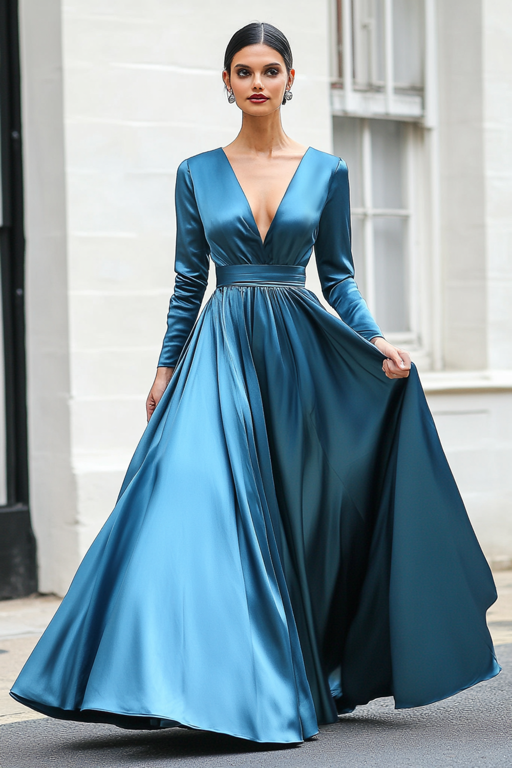 Dark Blue A-Line V Neck Long Sleeves Long Prom Dress