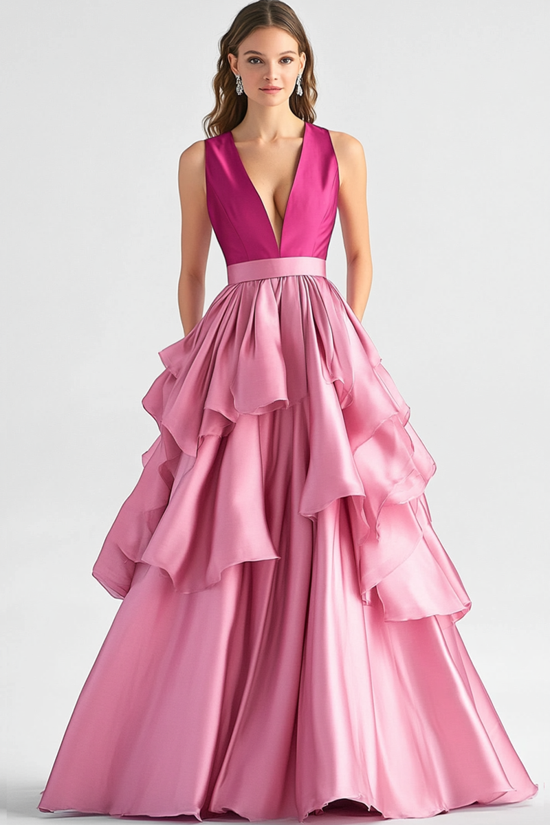 Load image into Gallery viewer, Hot Pink A-Line V Neck Ruffles Long Prom Dress