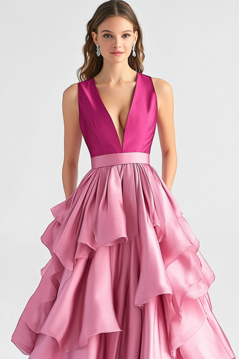 Load image into Gallery viewer, Hot Pink A-Line V Neck Ruffles Long Prom Dress