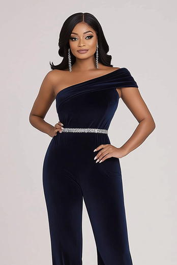 Sparkly Navy One Shoulder Bodycon Velvet Beaded Prom Jumpsuit