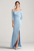 Load image into Gallery viewer, Sky Blue Mermaid Off the Shoulder Long Sleeves Ruched Mother of the Bride Dress with Slit